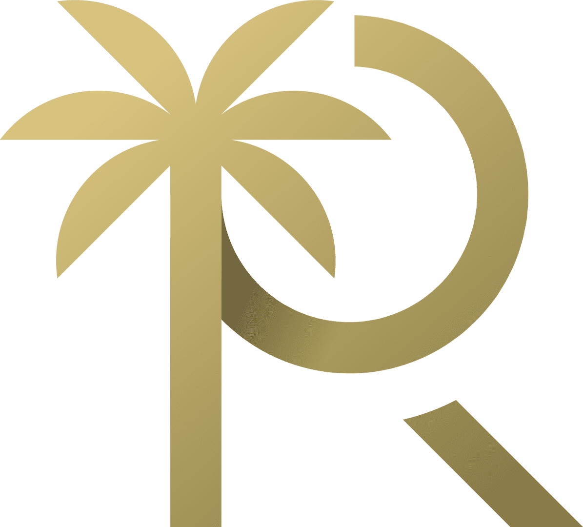 A gold palm tree and letter r on a green background.