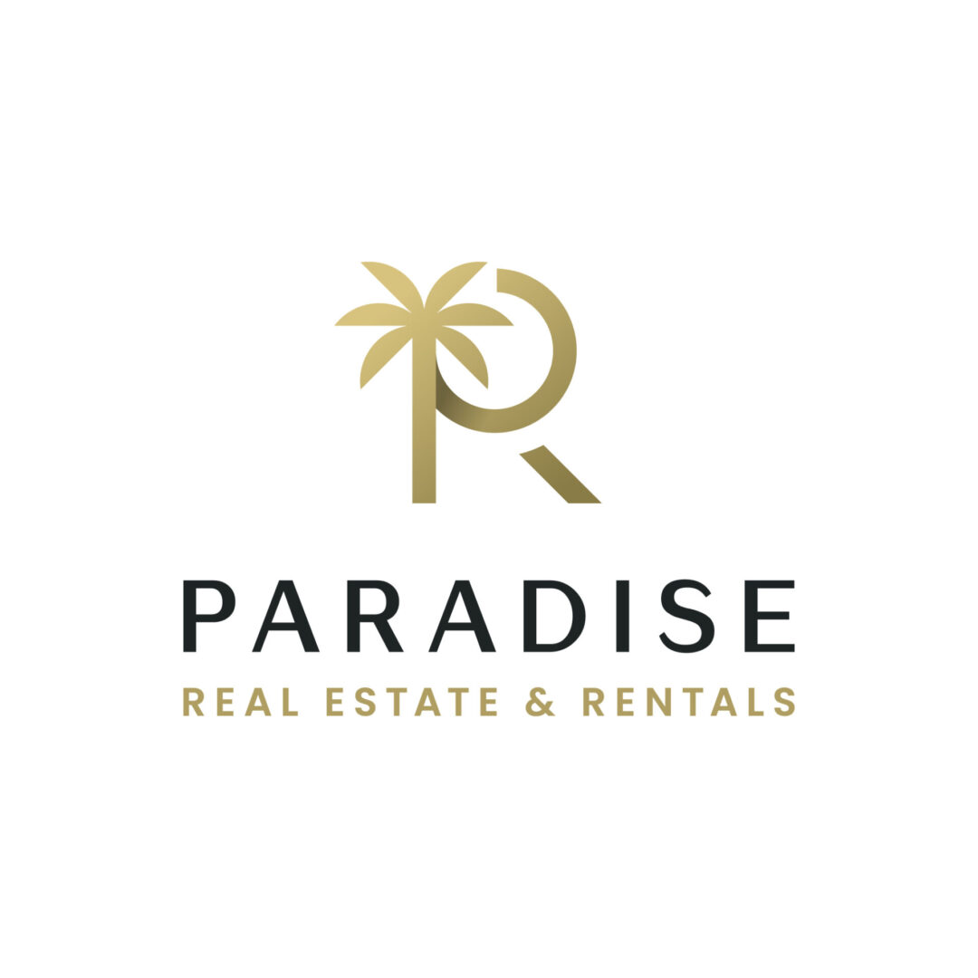 A gold and black logo for paradise real estate & rentals.