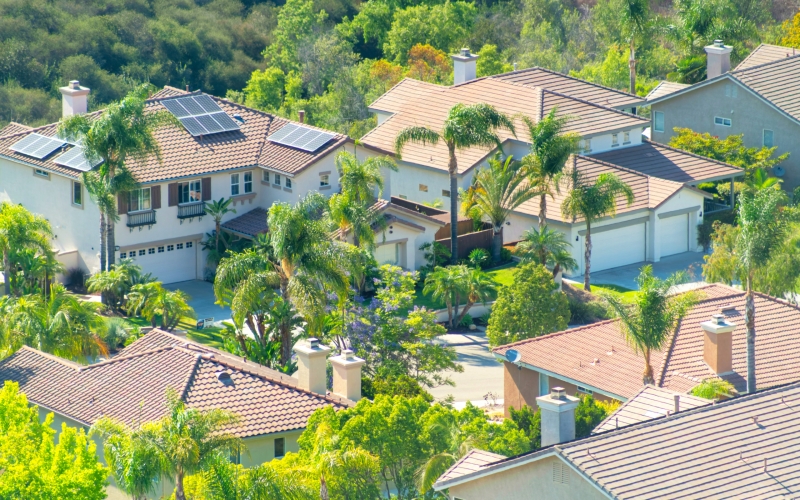 An aerial view of a small resort town on a sunny day