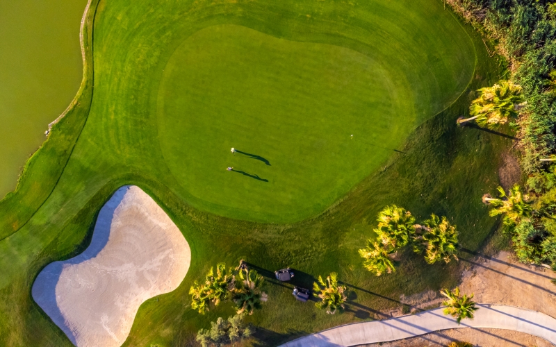 Aerial view of a vibrant green golf course with players enjoying a round, featuring a sand trap, palm trees, and a golf cart