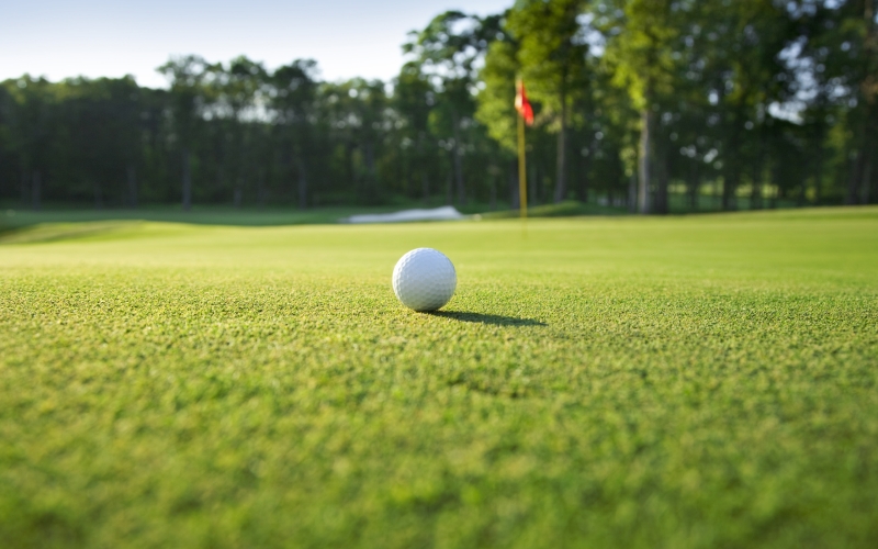 Selective focus close up of golf ball on green with red flag and trees